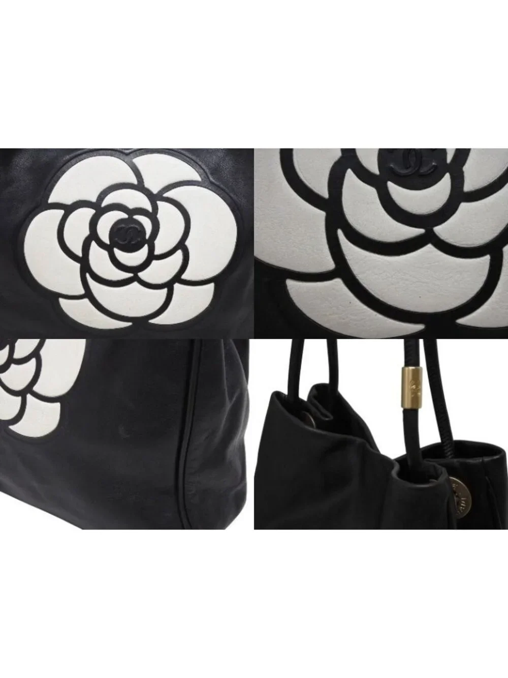 Chanel Camellia Logo Design Bag Black Leather Gold
